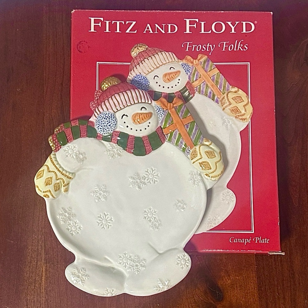 Vintage Fitz and Floyd Frosty Folks Canape Plate Snowman Dish In Box EUC